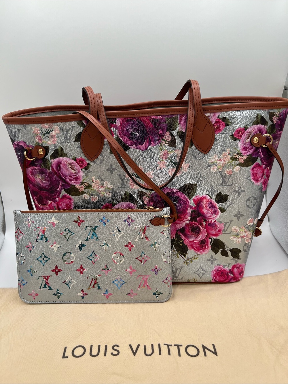 LOUIS VUITTON NEVERFULL MM GARDEN FLOWER ROSES SILVER Metallic BAG Pouch RARE😍🔥 - Picture 16 of 16